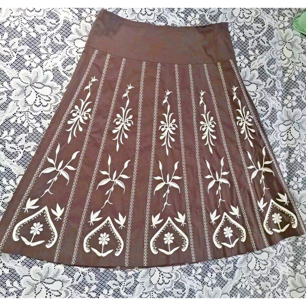 Dialogue Womens Size 10P Brown Embroidered Midi Skirt Side Zip Lined Boho‎ Fall